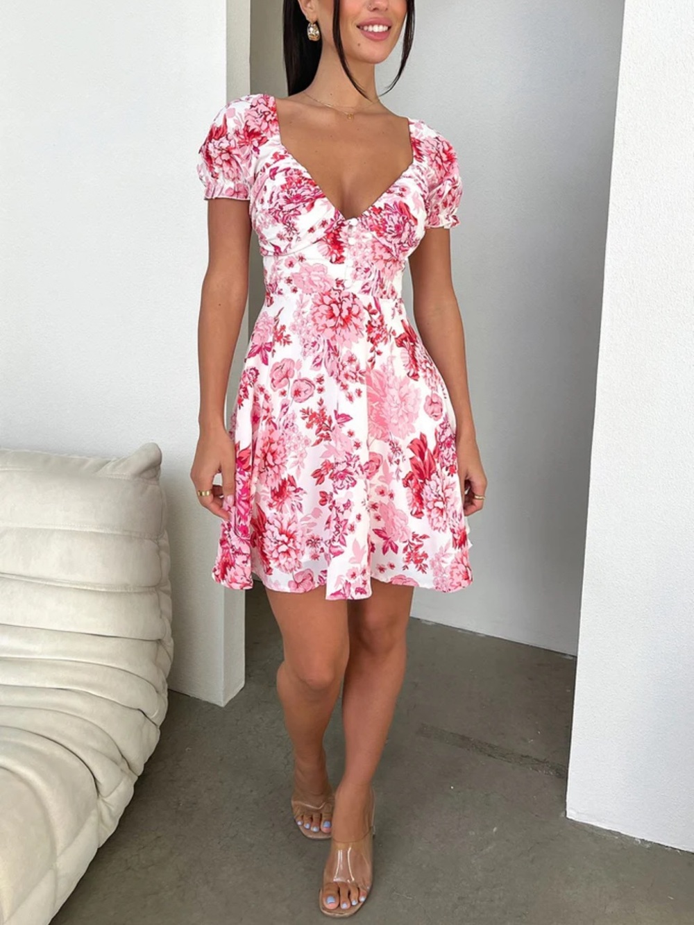 Sweetheart Floral Mini Dress in Pink and Red